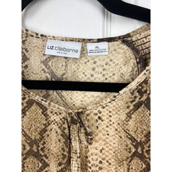 Liz Claiborne Petite Large Snake Python Print Peasant Sheer 3/4 Sleeve Top Brown - Picture 3 of 6